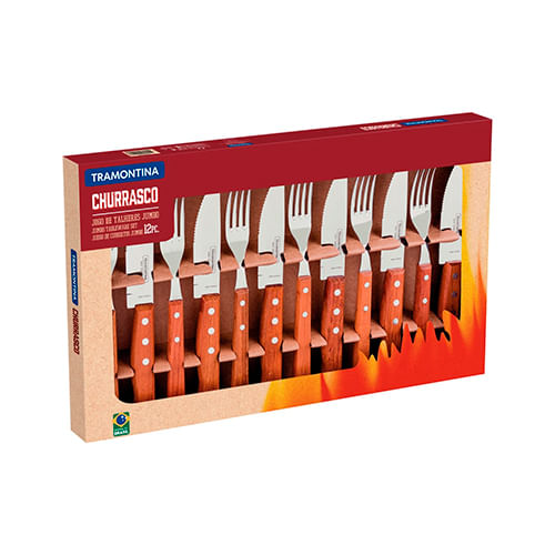 JogodeTalheresJumboparaChurrascocomLaminasemAcoInoxeCabosemMadeiraNatural12PecasTRAMONTINA