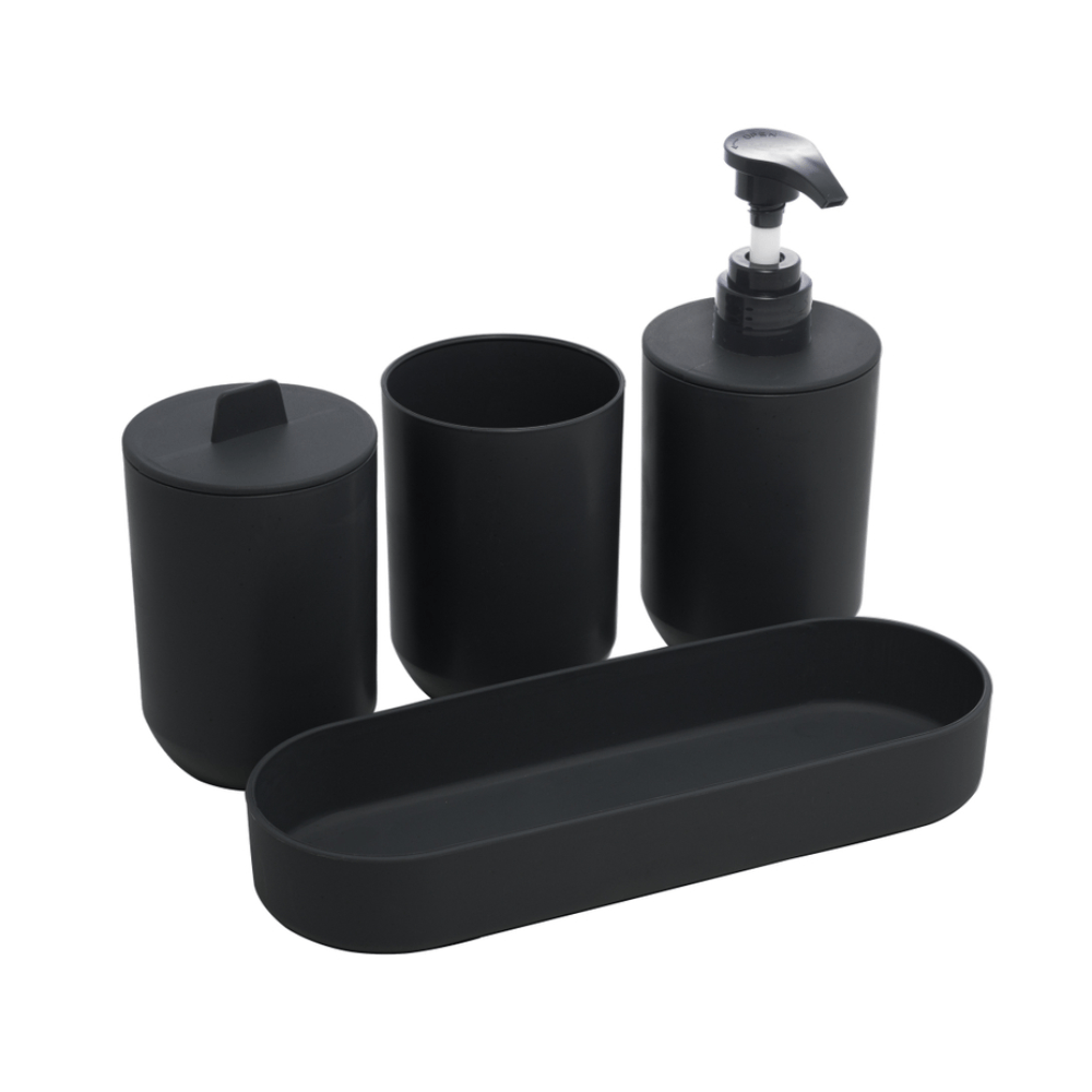 Encontraproduto.com.br - LYOR - Conjunto 4 Peças de Bambu e PP para Banheiro Preto - Porta-sabonete líquido, Porta-escova de dentes, Saboneteira, Porta Algodão