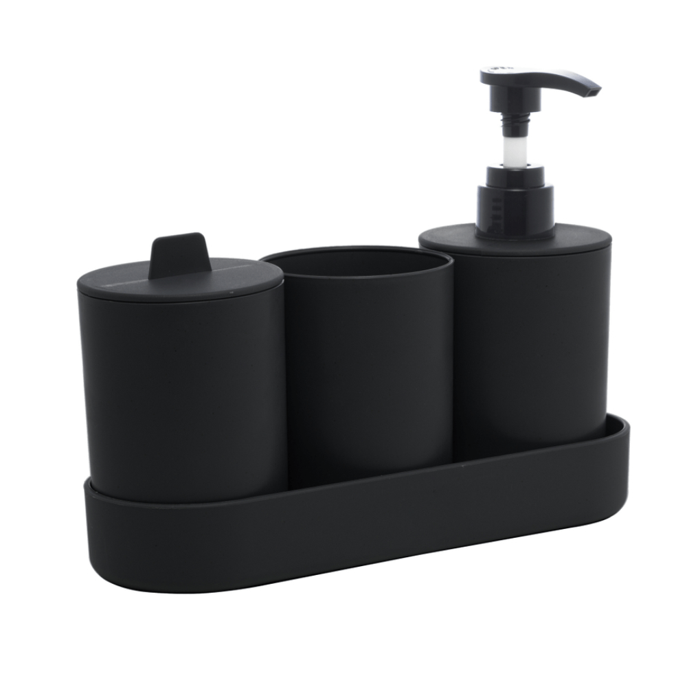 Encontraproduto.com.br - LYOR - Conjunto 4 Peças de Bambu e PP para Banheiro Preto - Porta-sabonete líquido, Porta-escova de dentes, Saboneteira, Porta Algodão